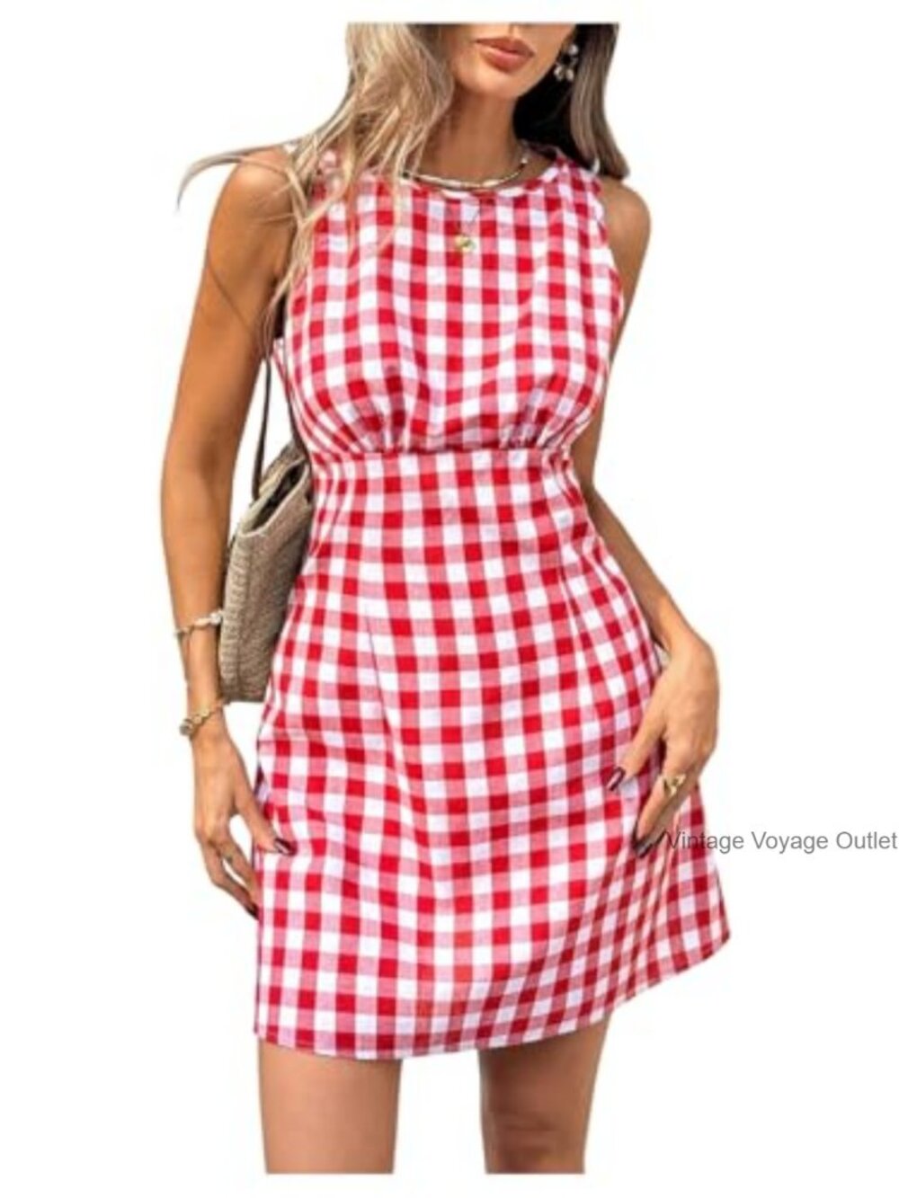 Women's Sleeveless Gingham Mini Dress, Tie Back A-Line Flare Summer Dress